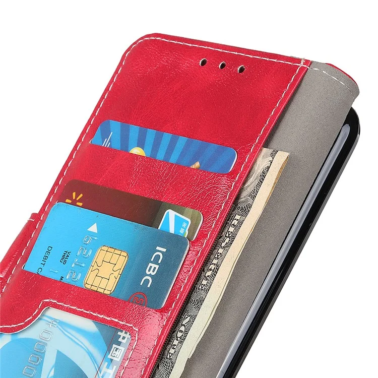 Rétro Style Crazy Horse Texture Leather Phone Cover avec Portefeuille Support Design pour Oppo Reno5 Pro Plus 5G/Find X3 Neo - Rouge