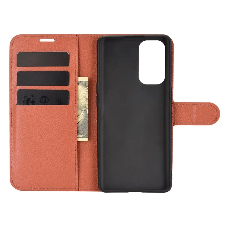 Litchi Texture Leather Phone Protective Cover with Wallet Stand Design for Oppo Reno5 5G / Reno5 4G / Reno5 K / Find X3 Lite - Brown