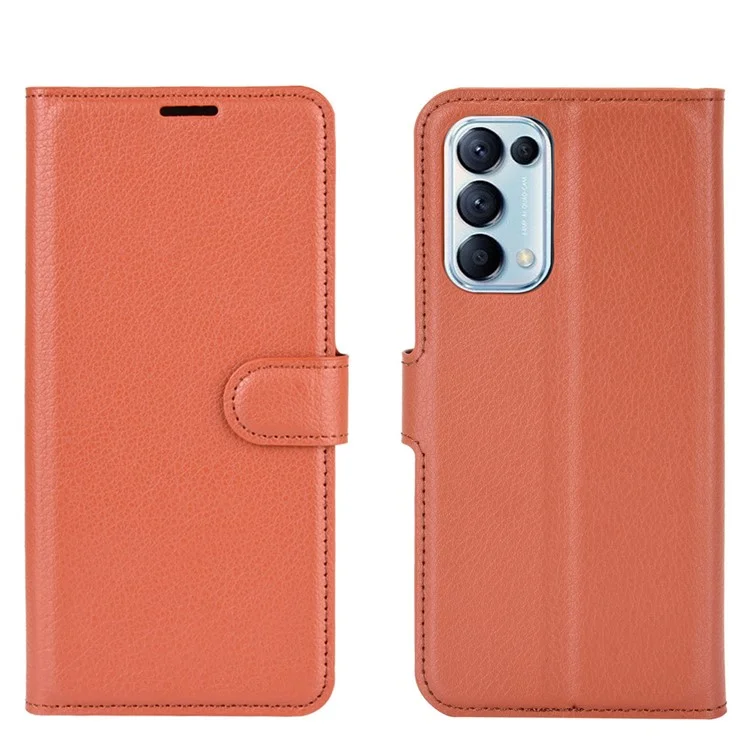 Litchi Texture Leather Phone Protective Cover with Wallet Stand Design for Oppo Reno5 5G/Reno5 4G/Reno5 K/Find X3 Lite - Brown