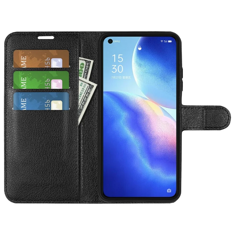 Litchi Texture Leather Phone Protective Cover with Wallet Stand Design for Oppo Reno5 5G / Reno5 4G / Reno5 K / Find X3 Lite - Black