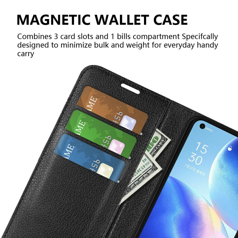 Litchi Texture Leather Phone Protective Cover with Wallet Stand Design for Oppo Reno5 5G / Reno5 4G / Reno5 K / Find X3 Lite - Black