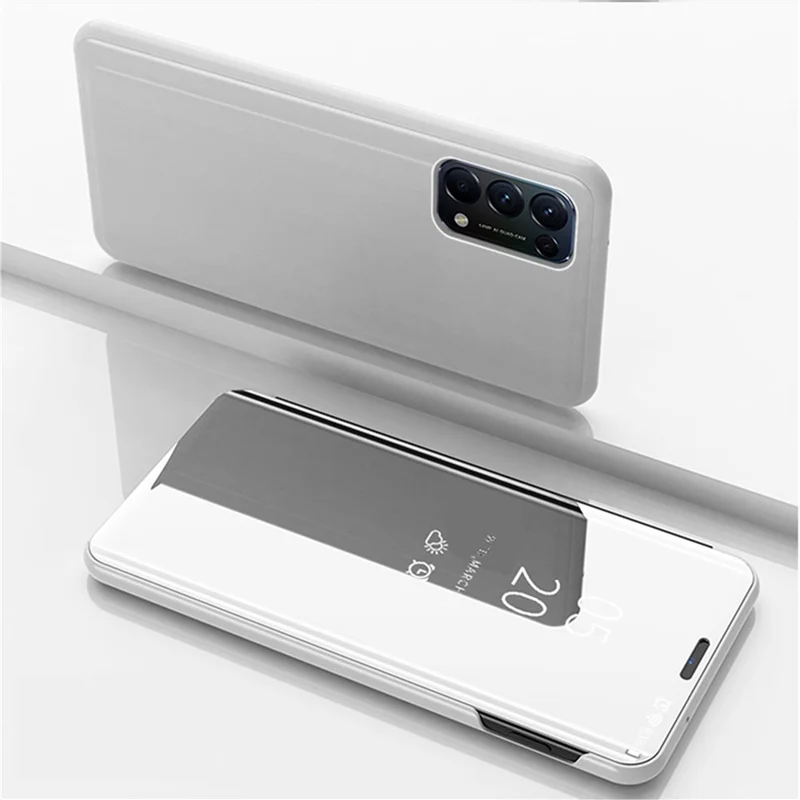 غطاء جلد بفتحة عرض ومطلي بمرآة مع حامل لهاتف Oppo Reno5 5G - فضي