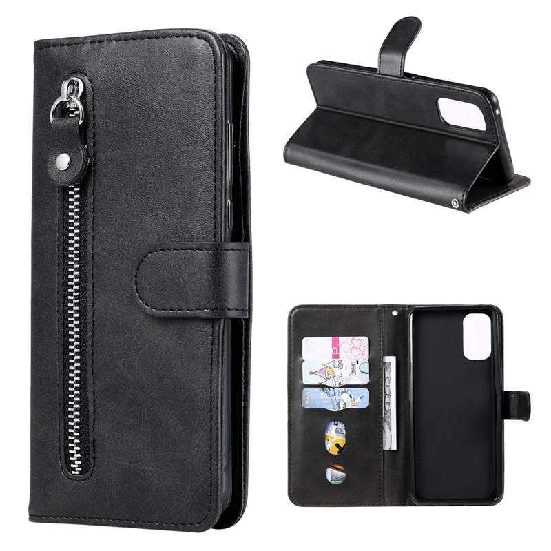 Zipper Pocket Leather Wallet Stand Case for Realme 7 Pro - Black