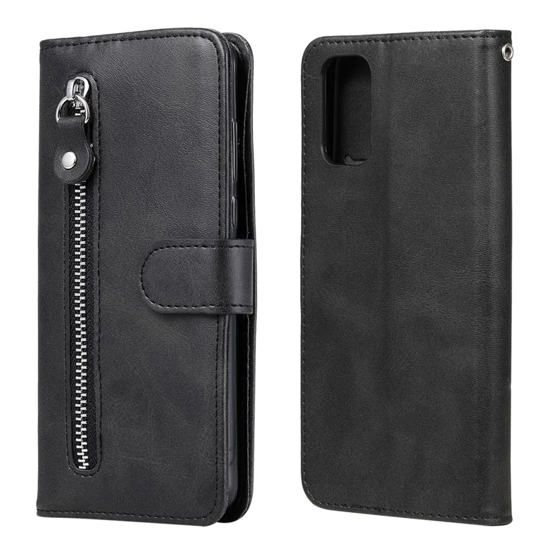 Zipper Pocket Leather Wallet Stand Case for Realme 7 Pro - Black