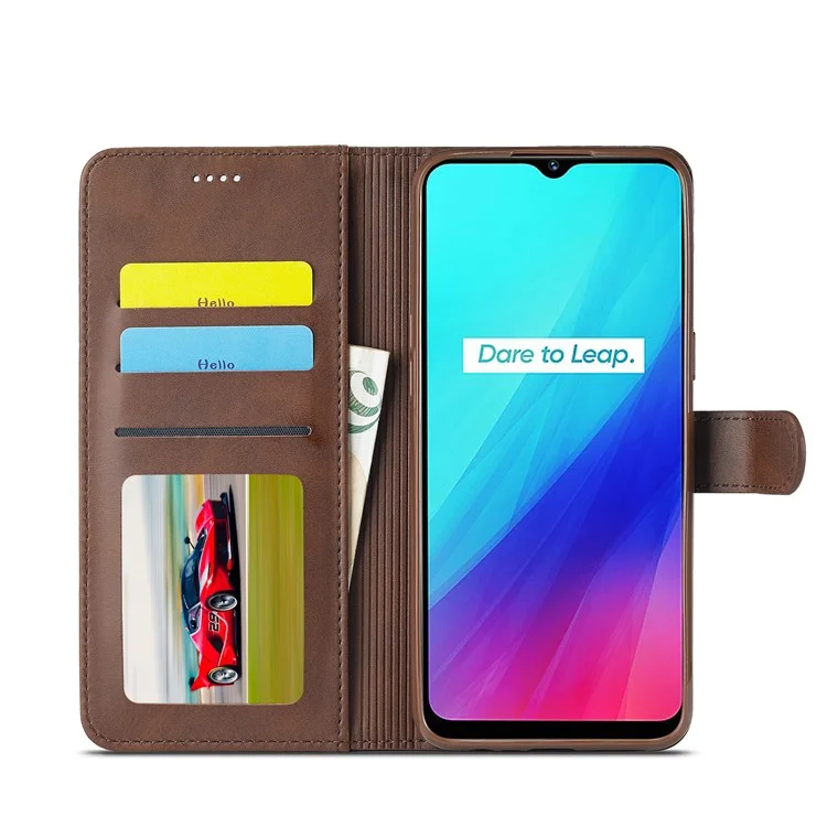 LC.IMEEKE Wallet Stand Leather Shell Phone Cover Case for Realme C3/Realme 5/Realme 5s/Realme 5i/C3i(With the Fingerprint Hole)/Realme 6i(Philippines Version)/Realme Narzo - Brown