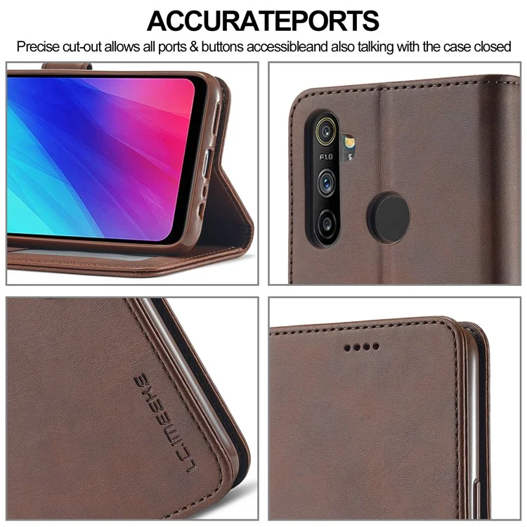 LC.IMEEKE Wallet Stand Leather Shell Phone Cover Case for Realme C3/Realme 5/Realme 5s/Realme 5i/C3i(With the Fingerprint Hole)/Realme 6i(Philippines Version)/Realme Narzo - Brown