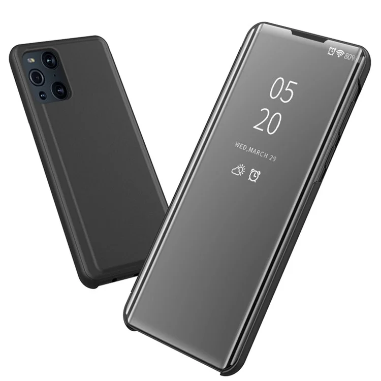 Plattierter Spiegeloberflächenansicht Fenster Leder Telefon Hülle Für Oppo Finden Sie X3/X3 Pro - Schwarz