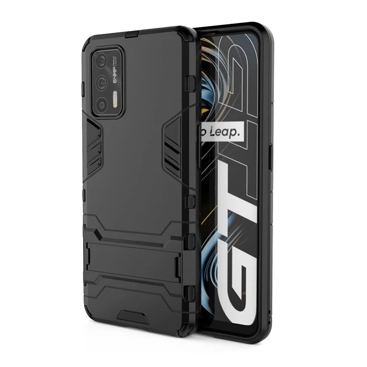 2 in 1 Plastic + TPU Combo Hybrid Phone Protector Cover Case with Kickstand for Realme GT 5G - Black