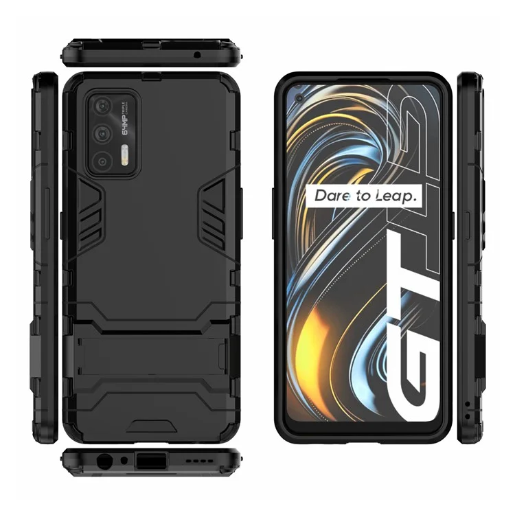 2 in 1 Plastic + TPU Combo Hybrid Phone Protector Cover Case with Kickstand for Realme GT 5G - Black