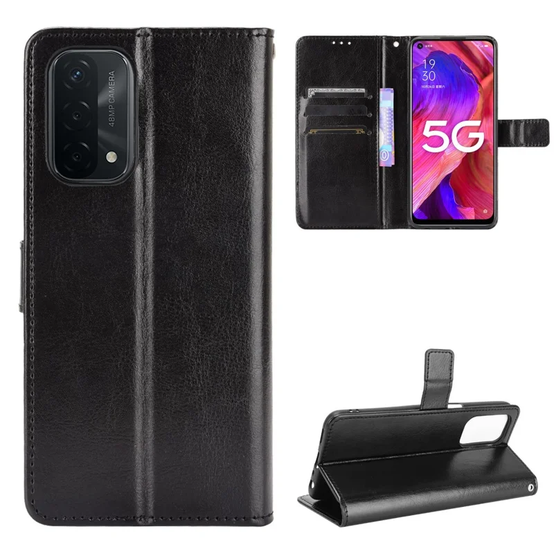 Crazy Horse Wallet Stand Leather Case with Strap for Oppo A93 5G / A74 5G / A54 5G - Black