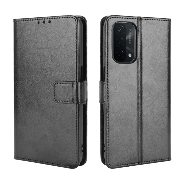 Crazy Horse Wallet Stand Leather Case with Strap for Oppo A93 5G / A74 5G / A54 5G - Black
