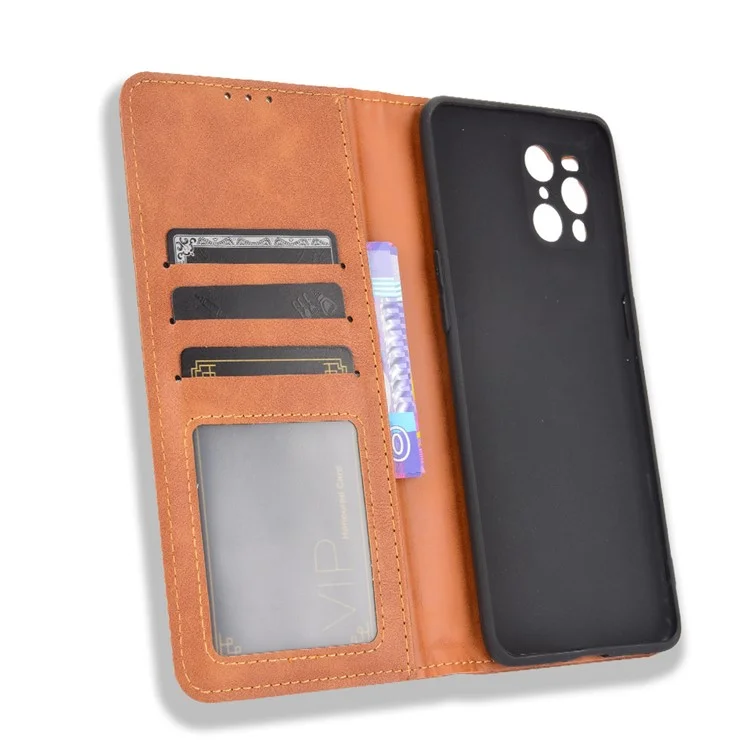 Magnetic Vintage Style Phone Case Wallet Stand Leather Cover for Oppo Find X3 / X3 Pro - Brown