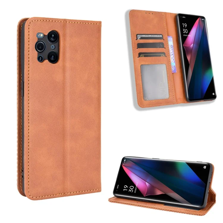 Magnetic Vintage Style Phone Case Wallet Stand Leather Cover for Oppo Find X3 / X3 Pro - Brown