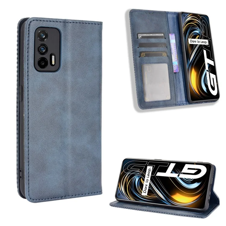 Magnetic Vintage Style Phone Case Wallet Stand Leather Cover for Oppo Realme GT 5G - Blue