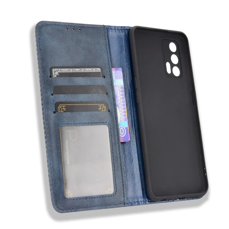Magnetic Vintage Style Phone Case Wallet Stand Leather Cover for Oppo Realme GT 5G - Blue