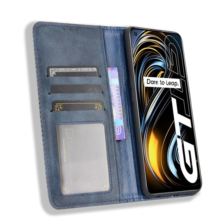 Magnetic Vintage Style Phone Case Wallet Stand Leather Cover for Oppo Realme GT 5G - Blue