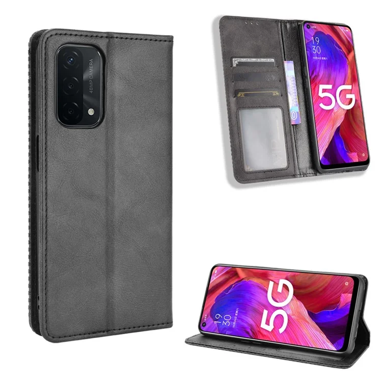 Étui portefeuille en cuir de style vintage magnétique avec support pour Oppo A93 5G / A74 5G / A54 5G - Noir