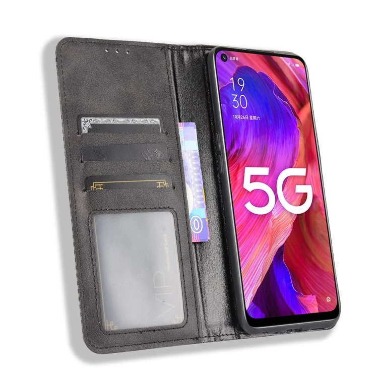 Étui portefeuille en cuir de style vintage magnétique avec support pour Oppo A93 5G / A74 5G / A54 5G - Noir