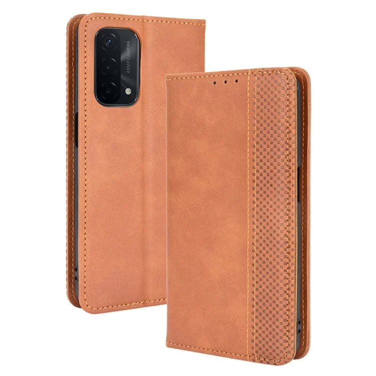 Capa de Carteira de Couro Estilo Vintage Magnética para Oppo A93 5G / A74 5G / A54 5G - Marrom