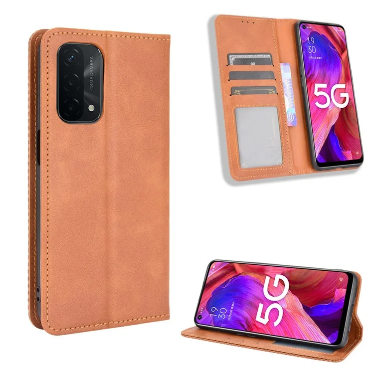 Capa de Carteira de Couro Estilo Vintage Magnética para Oppo A93 5G / A74 5G / A54 5G - Marrom
