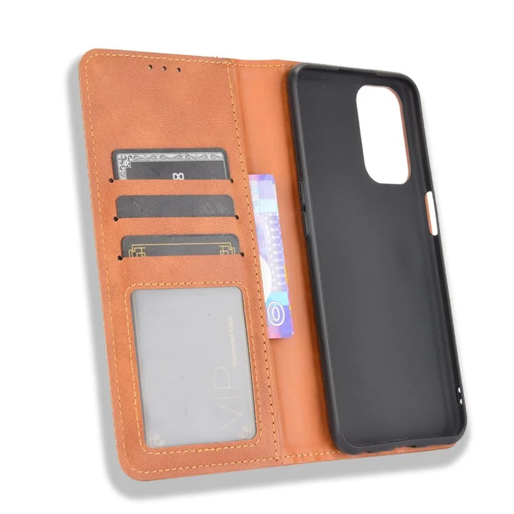 Capa de Carteira de Couro Estilo Vintage Magnética para Oppo A93 5G / A74 5G / A54 5G - Marrom
