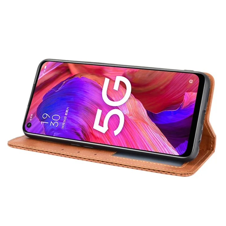 Capa de Carteira de Couro Estilo Vintage Magnética para Oppo A93 5G / A74 5G / A54 5G - Marrom