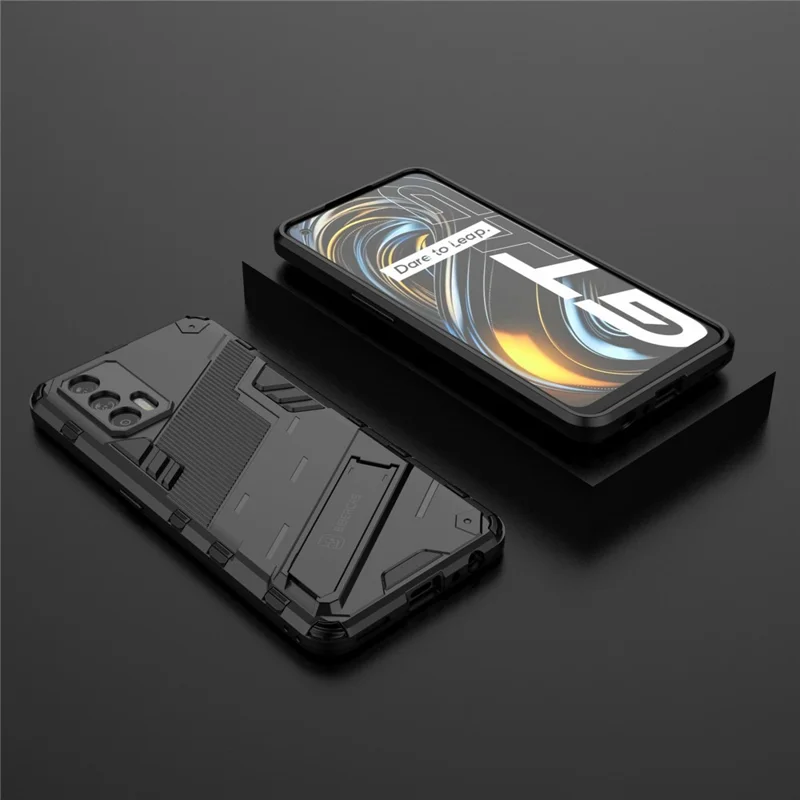 Shockproof PC + TPU Hybrid Phone Case Cover Kickstand for Oppo Realme GT 5G - Black