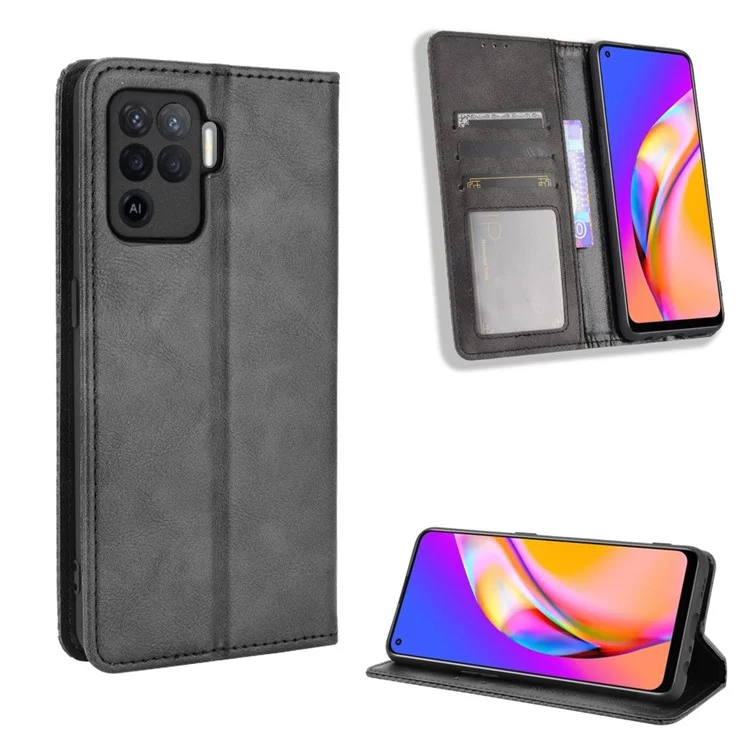 Винтажный кожаный кошелёк-чехол для OPPO A94 4G/F19 Pro 4G/Reno5 F - чёрный