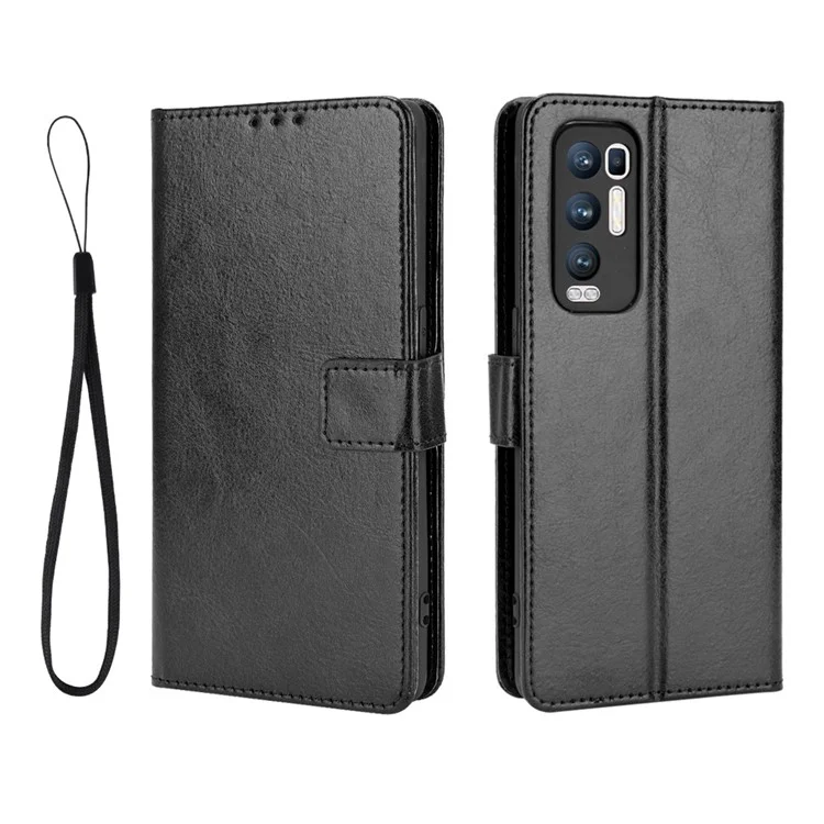 Crazy Horse Wallet Stand Case de Cuero Con Correa Para Oppo Reno5 Pro+ 5G / Encontrar X3 Neo - Negro