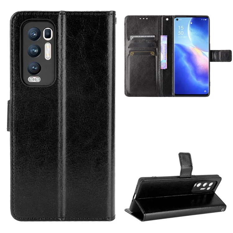 Crazy Horse Wallet Stand Case de Cuero Con Correa Para Oppo Reno5 Pro+ 5G / Encontrar X3 Neo - Negro