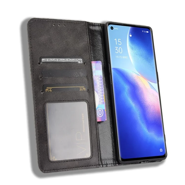 Vintage Style PU Leder Wallet Hülle für OPPO Reno5 Pro Plus/Find X3 Neo - Schwarz