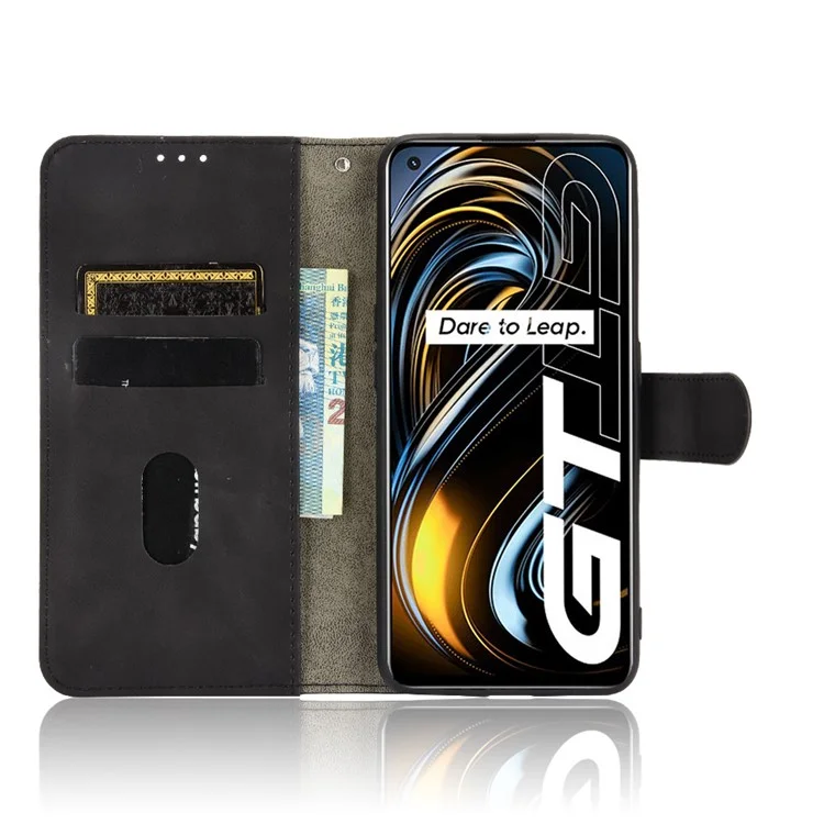 Silky Touch Leather Wallet Case Phone Shell for Realme GT - Black