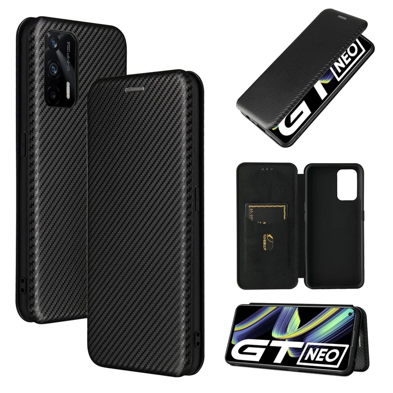 Auto-absorbed Carbon Fiber Texture Stand Cover für Realme GT 5G Lederetui - Schwarz