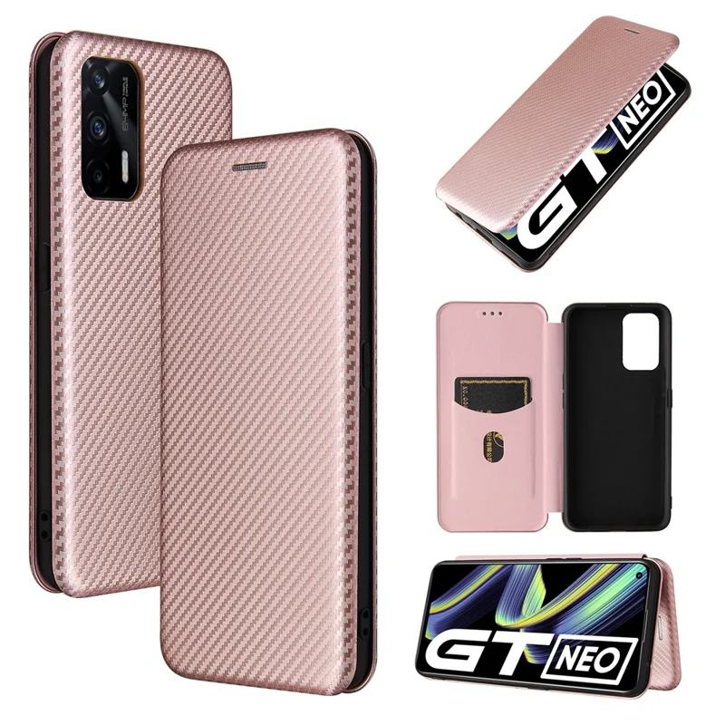 Auto-absorbed Carbon Fiber Texture Stand Cover for Realme GT 5G Leather Case - Rose Gold