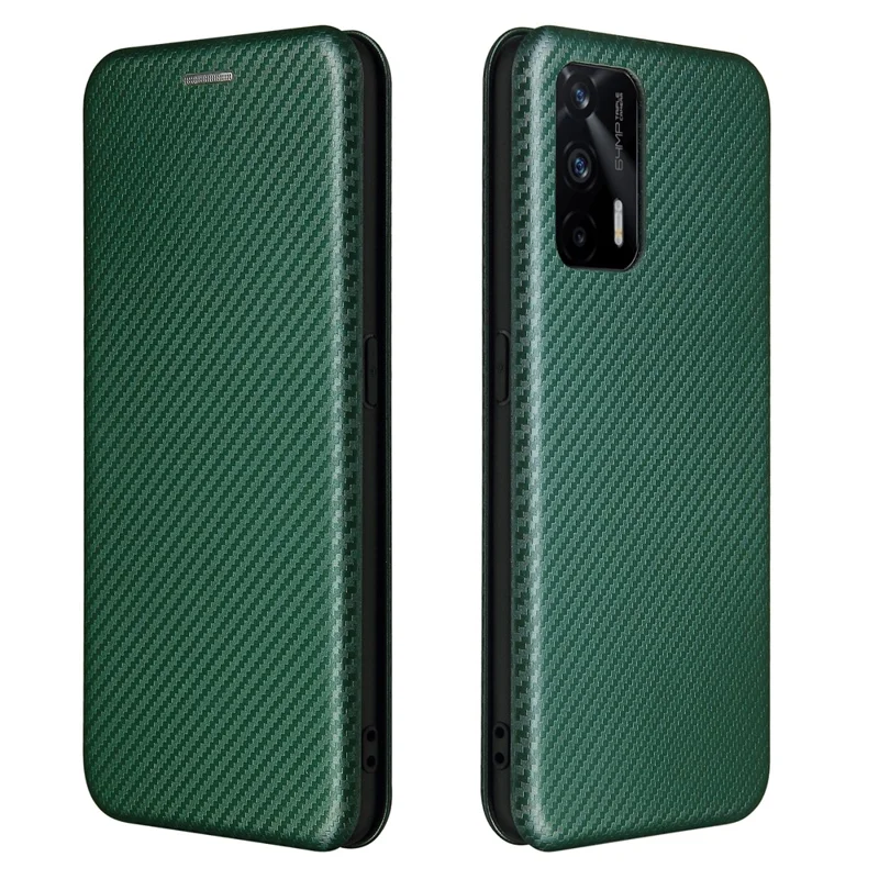 Auto-absorbed Carbon Fiber Texture Stand Cover for Realme GT 5G Leather Case - Green