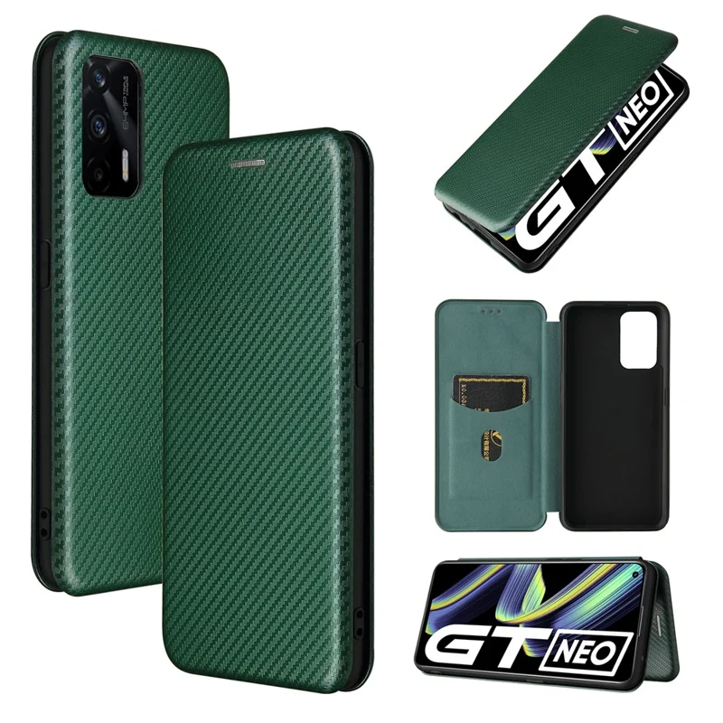 Auto-absorbed Carbon Fiber Texture Stand Cover for Realme GT 5G Leather Case - Green