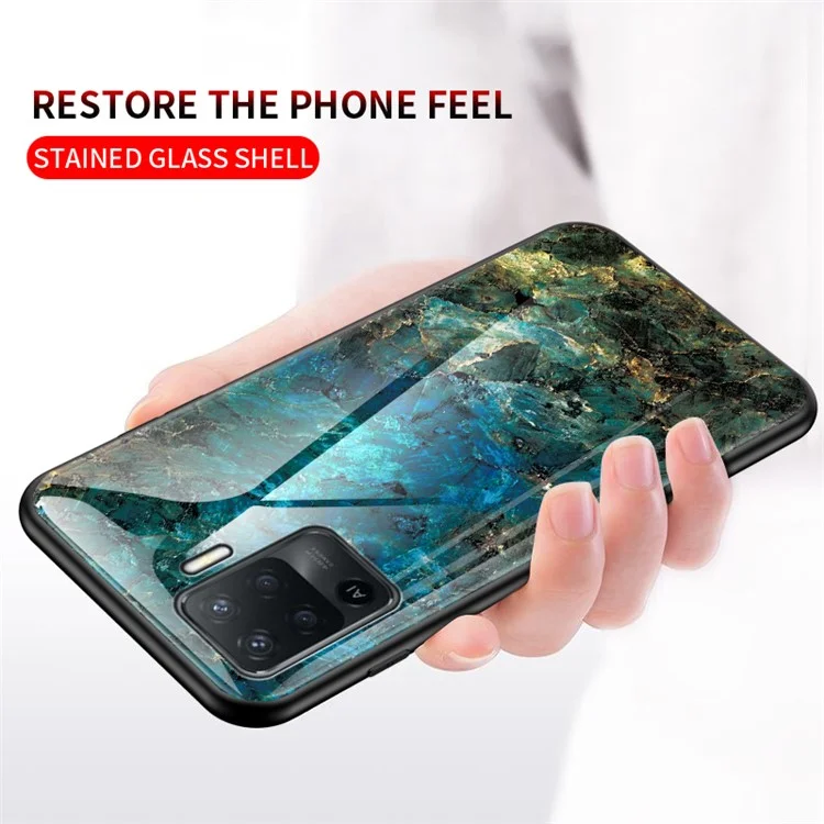 Marbling Pattern Design Well-Protected Anti-Scratch Tempered Glass Cell Phone Cover for Oppo A94/F19 Pro - Emerald Marble