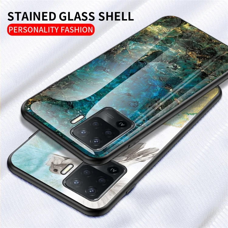 Marbling Pattern Design Well-Protected Anti-Scratch Tempered Glass Cell Phone Cover for Oppo A94/F19 Pro - Emerald Marble