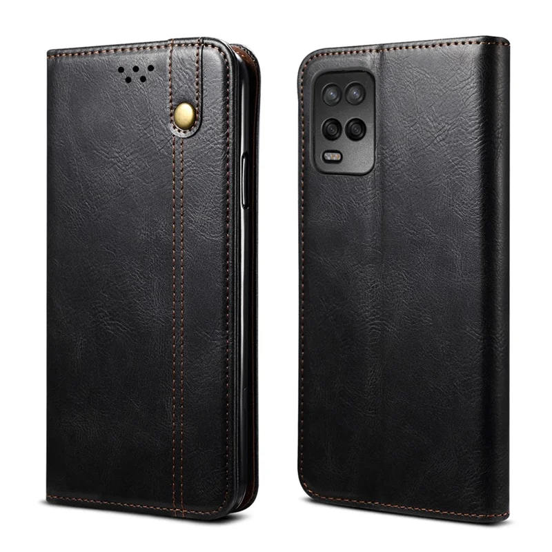 Huile de Surface de Cire de Surface PU + Portefeuille de Portefeuille Tpu Couverture de Téléphone Pour Oppo A54 5G - le Noir