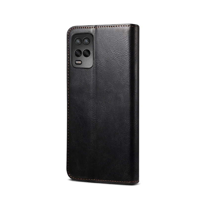 Huile de Surface de Cire de Surface PU + Portefeuille de Portefeuille Tpu Couverture de Téléphone Pour Oppo A54 5G - le Noir