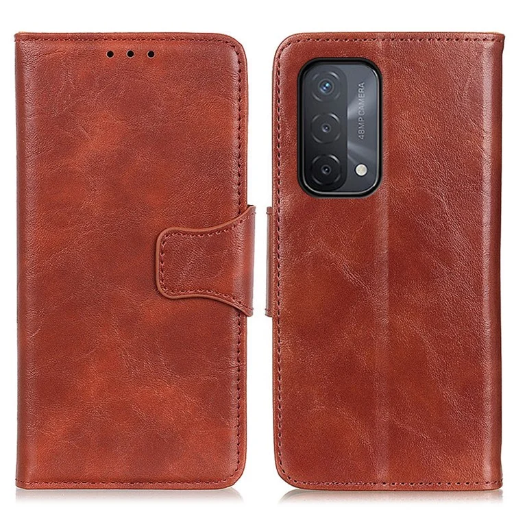 Caixa Louca Do Couro Do Telefone Móvel Da Carteira Do Suporte Da Textura Do Cavalo Para OPPO A54 5G / A74 5G / A93 5G - Castanho