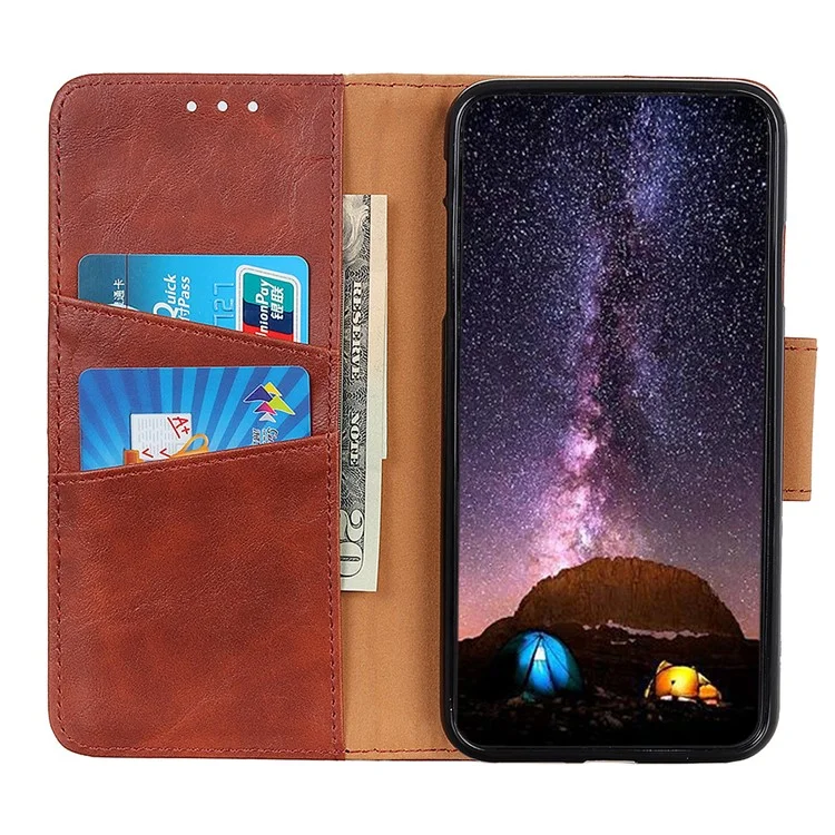 Caixa Louca Do Couro Do Telefone Móvel Da Carteira Do Suporte Da Textura Do Cavalo Para OPPO A54 5G / A74 5G / A93 5G - Castanho