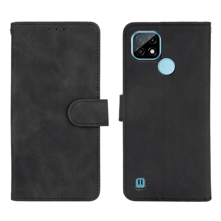 Skin-touch PU Leather Wallet Phone Cover with Supporting Stand for Realme C21 - Black