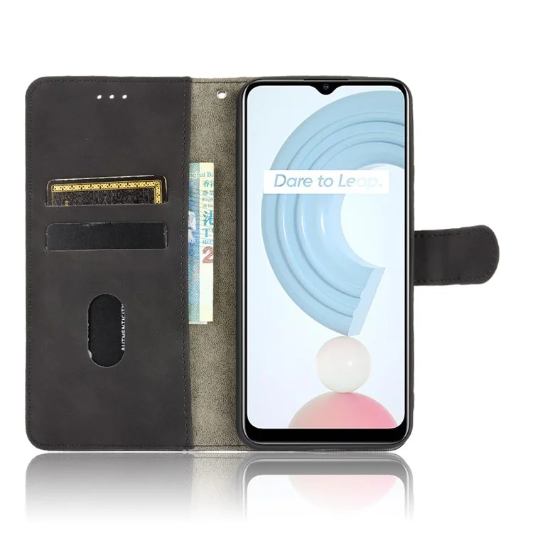Skin-touch PU Leather Wallet Phone Cover with Supporting Stand for Realme C21 - Black