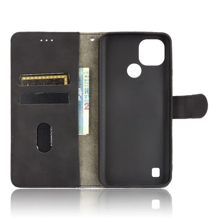 Skin-touch PU Leather Wallet Phone Cover with Supporting Stand for Realme C21 - Black