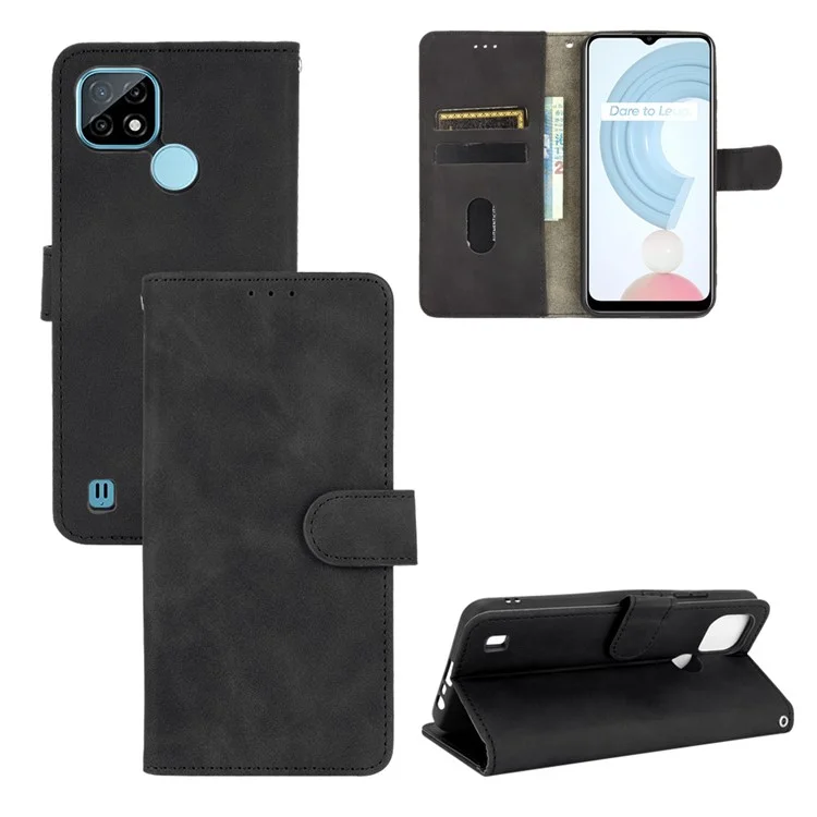Skin-touch PU Leather Wallet Phone Cover with Supporting Stand for Realme C21 - Black