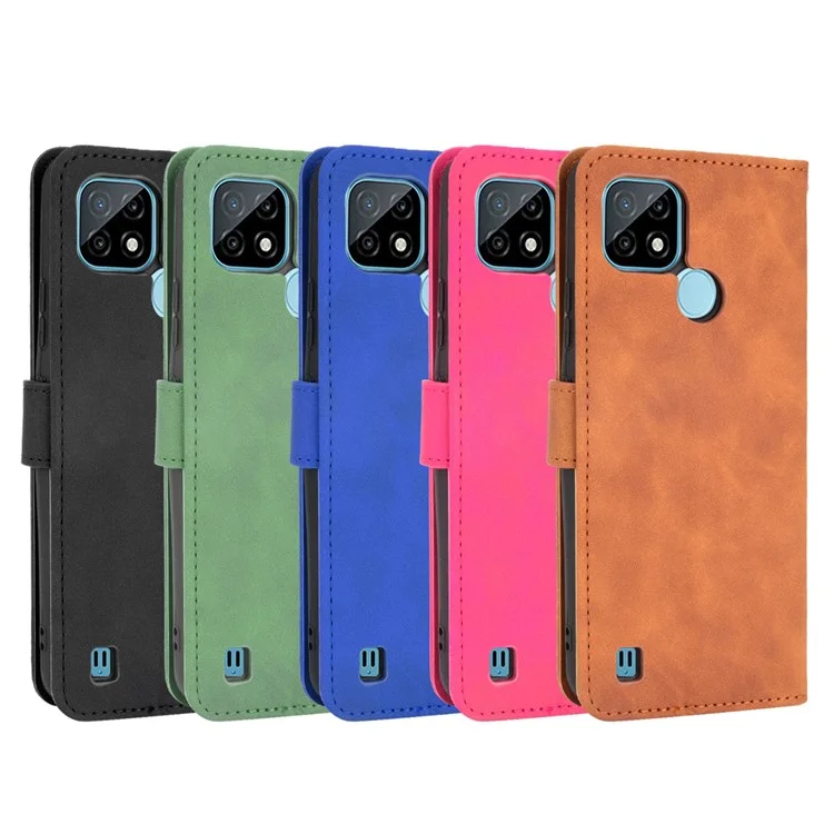 Skin-touch PU Leather Wallet Phone Cover with Supporting Stand for Realme C21 - Black