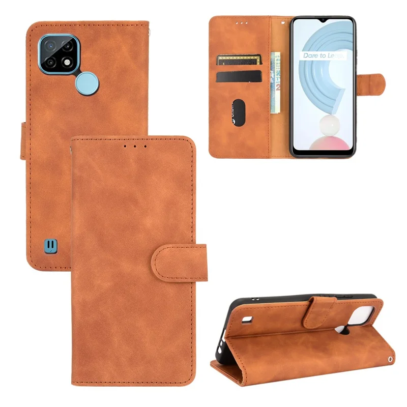 Skin-touch PU Leather Wallet Phone Cover with Supporting Stand for Realme C21 - Brown
