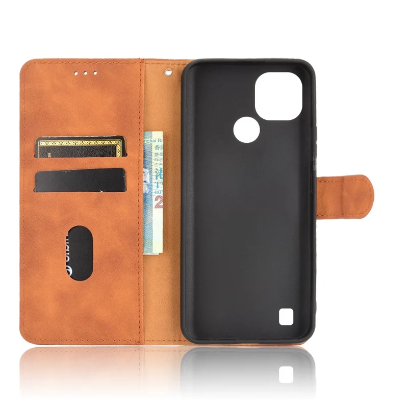 Skin-touch PU Leather Wallet Phone Cover with Supporting Stand for Realme C21 - Brown