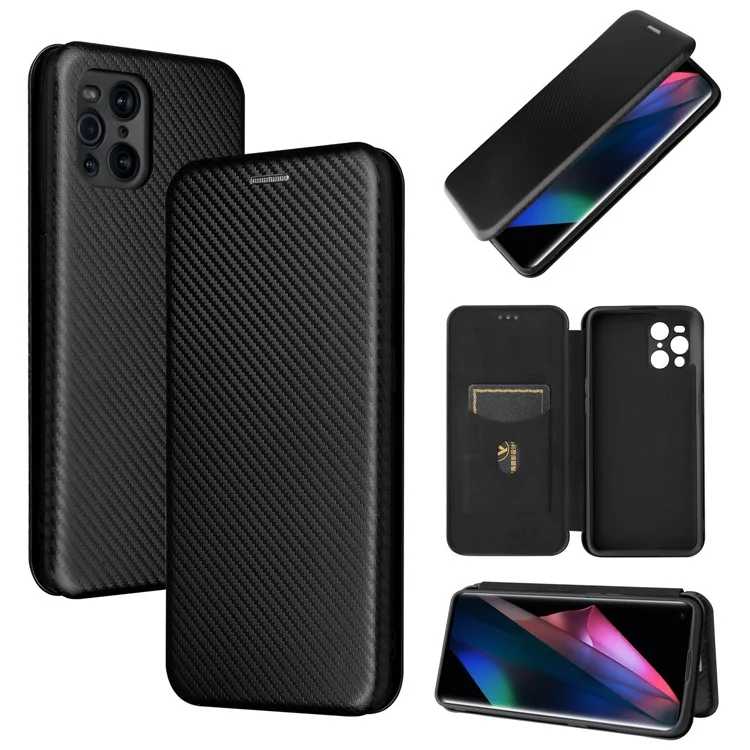 Custodia in pelle con texture in fibra di carbonio, con portacarte e cinturino ad anello per Oppo Find X3/Find X3 Pro - Nero